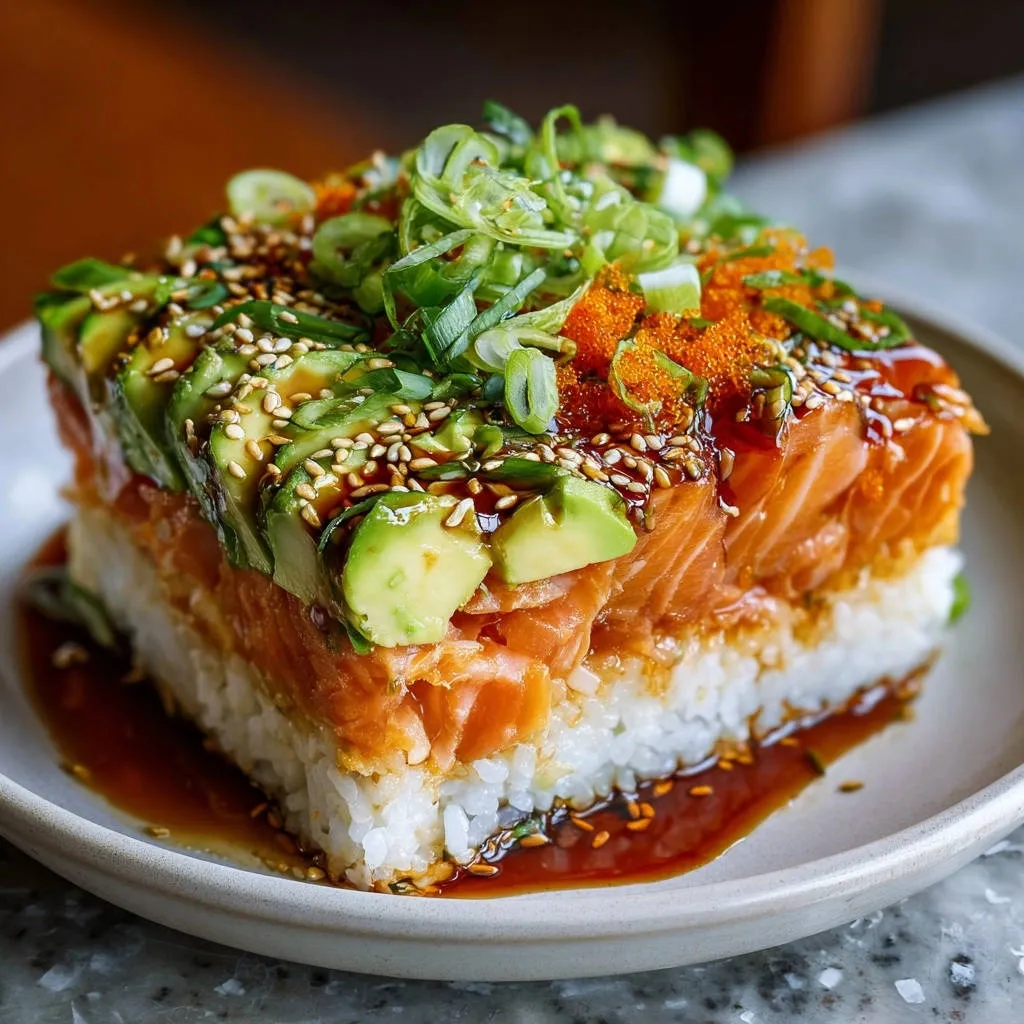 Deconstructed salmon and avocado sushi tower featuring layers of rice, salmon, and avocado, garnished with scallions and roe.