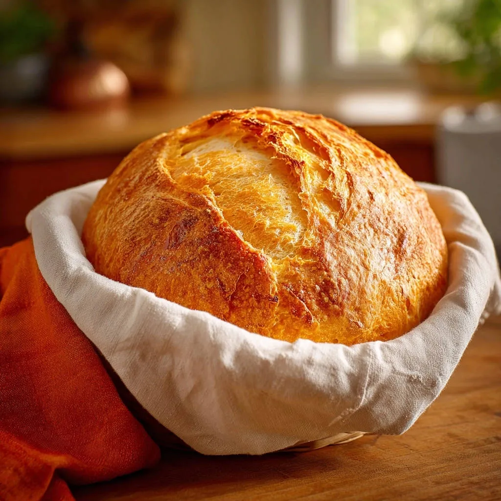 Easy artisan loaf with a golden, crispy crust, presented in a white cloth-lined basket on a wooden surface.