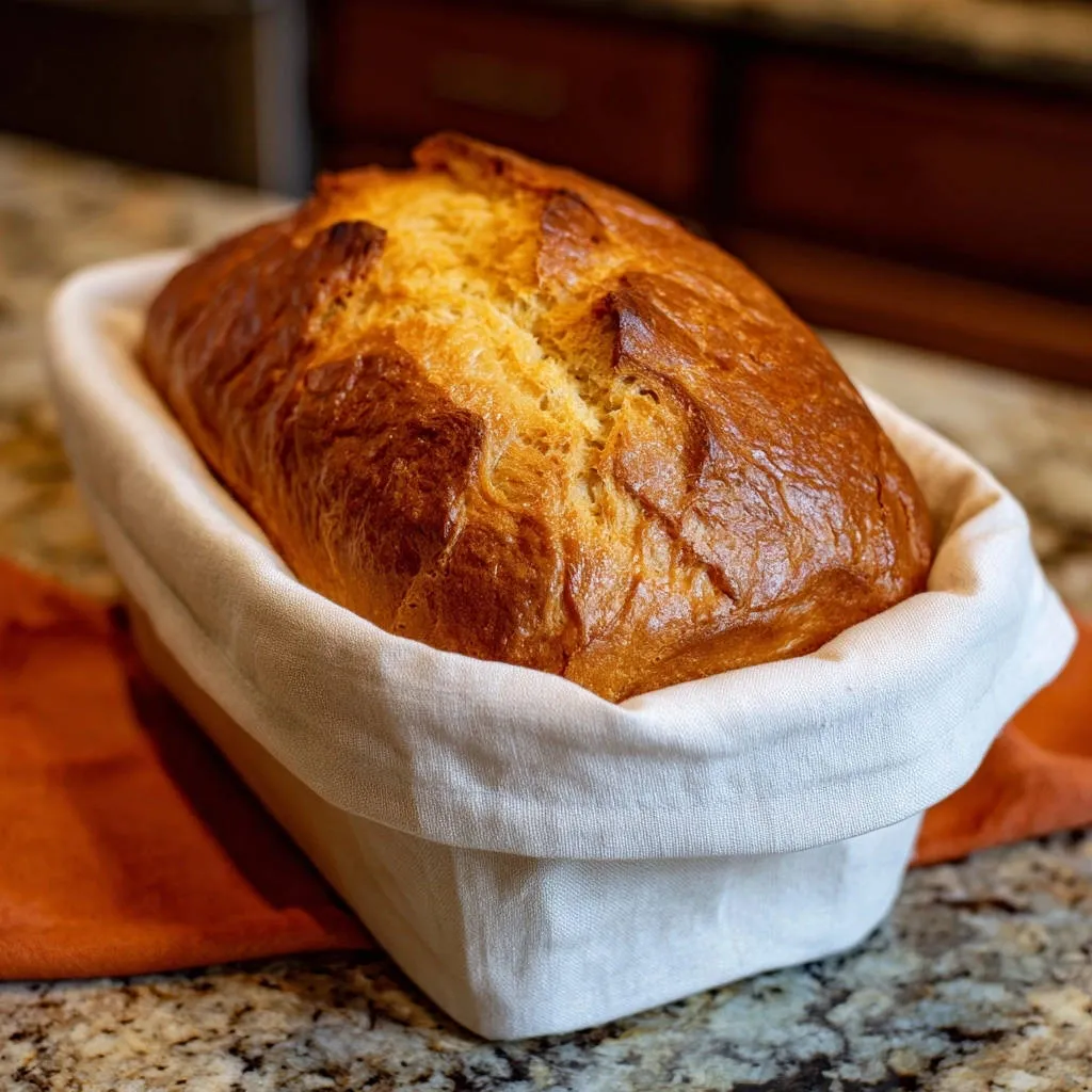 Easy artisan loaf baked to a golden brown, presented in a white linen bread basket.