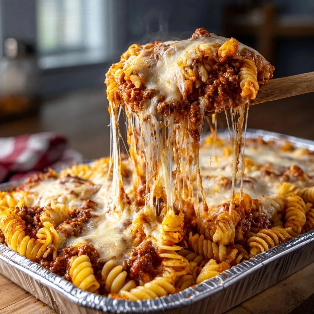 Easy cheesy baked rotini with a generous cheese pull being lifted from the pan.
