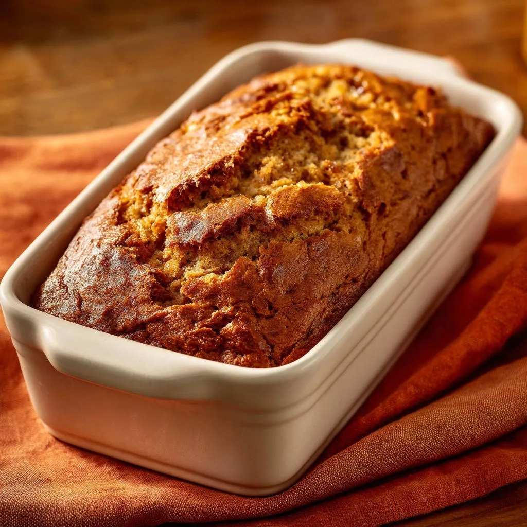 Fall Harvest Pumpkin Bread baked golden brown in a ceramic loaf pan, ready for slicing.