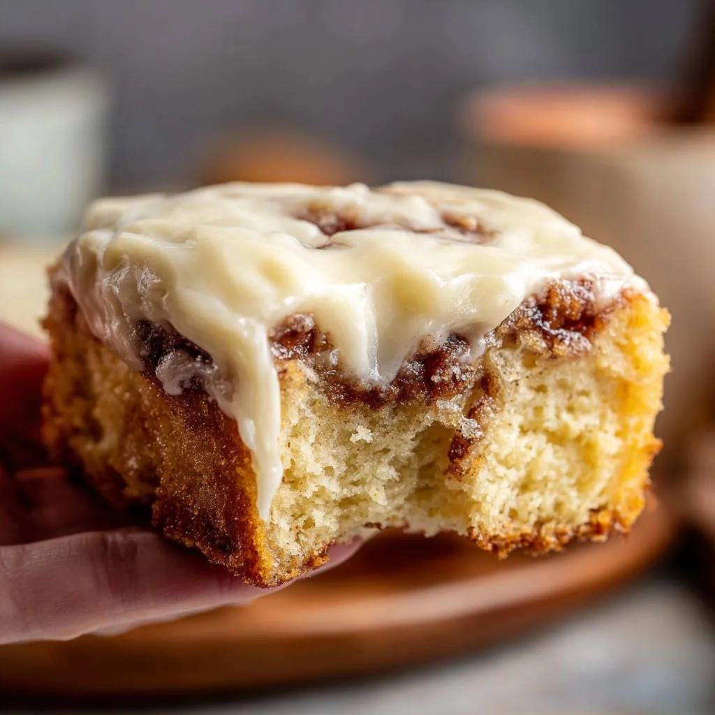 Fluffy bakery-style cinnamon rolls with a gooey center, shown in a close-up cross-section with a bite taken out.