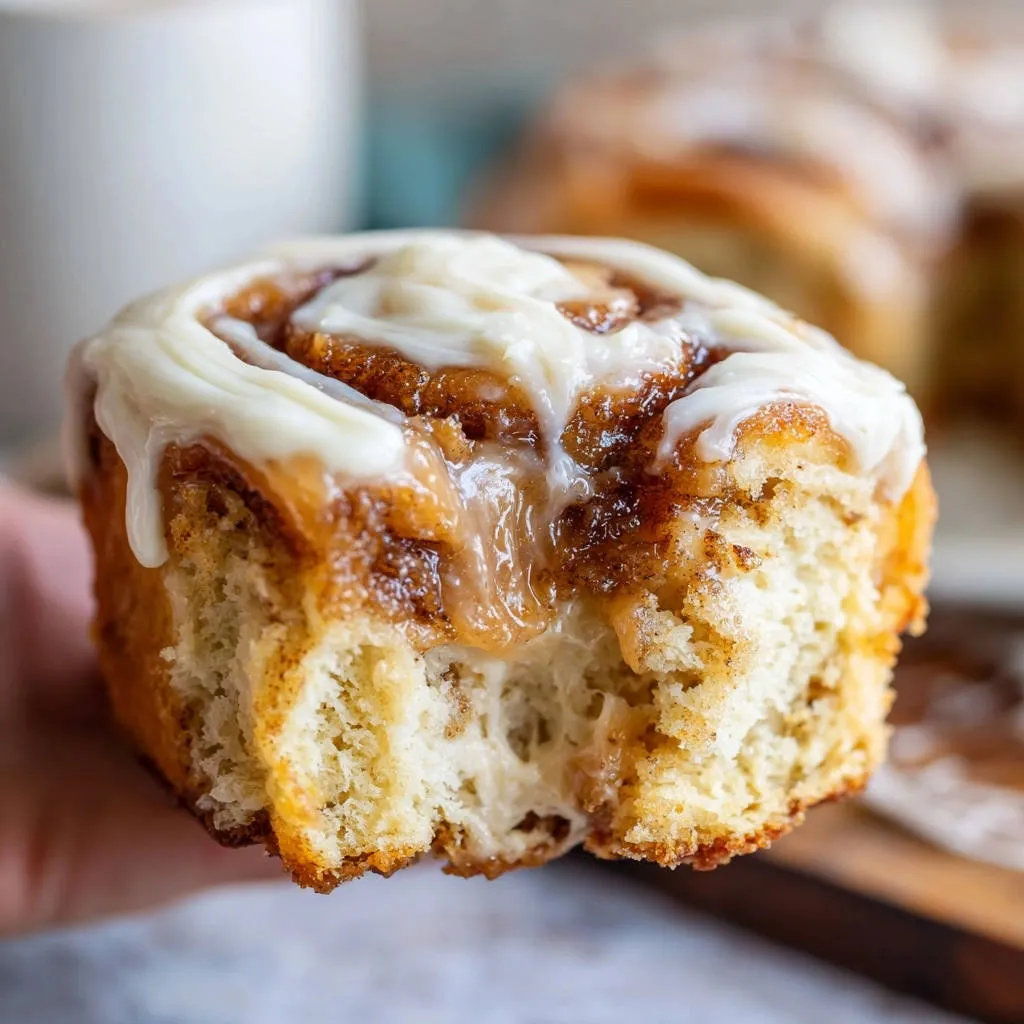 Fluffy bakery-style cinnamon rolls with a gooey cross-section and dripping cream cheese frosting.