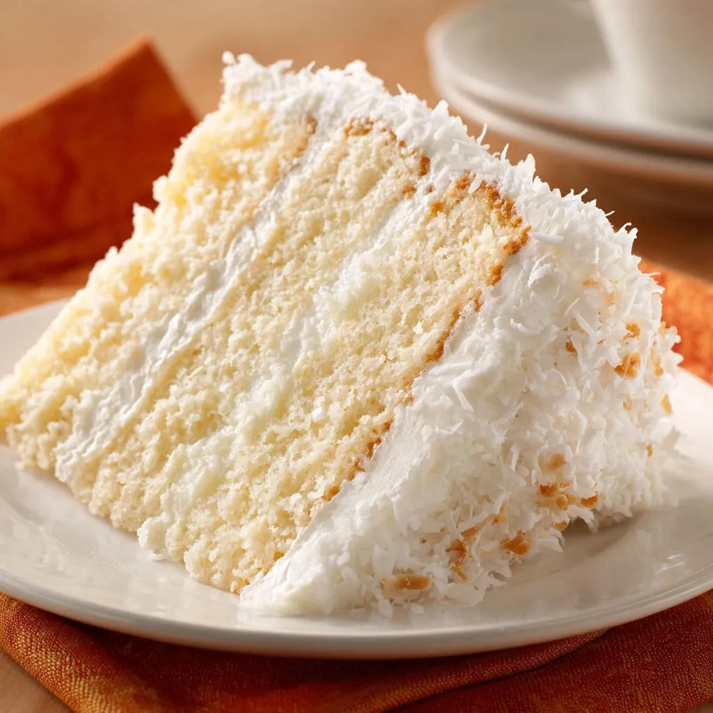 Fluffy coconut layer cake cross-section showing delicate cake layers and creamy frosting, topped with shredded coconut.
