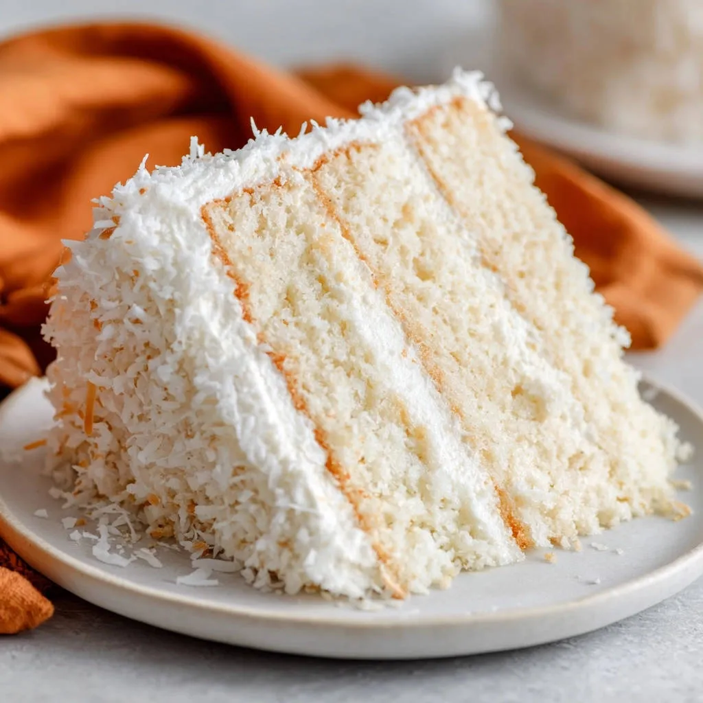 Fluffy coconut layer cake slice cross-section showing layers of cake and frosting coated in shredded coconut.