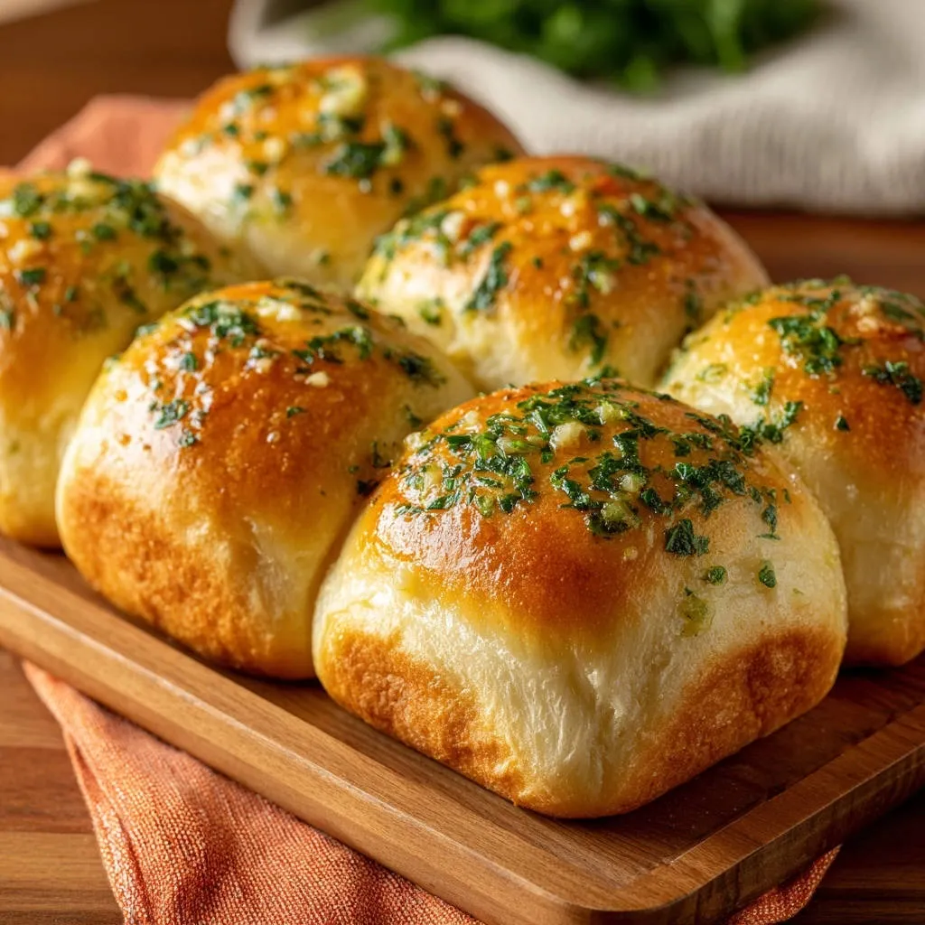 Fluffy garlic herb dinner rolls, a close-up view showing the glistening golden-brown tops sprinkled with fresh herbs and garlic.
