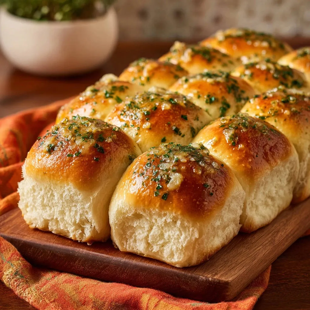 Fluffy garlic herb dinner rolls, freshly baked and glistening with herbs in a close-up view on a wooden board.