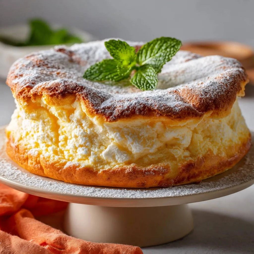 Fluffy Japanese souffle cheesecake dusted with powdered sugar and garnished with fresh mint leaves.