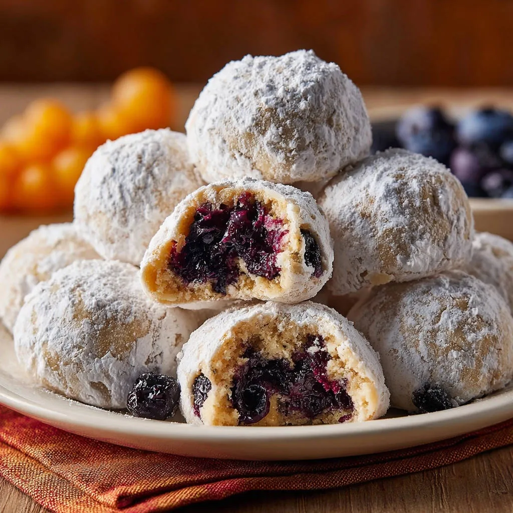 Fruit-filled snowball cookies showing a close-up cross-section revealing the juicy blueberry filling inside.