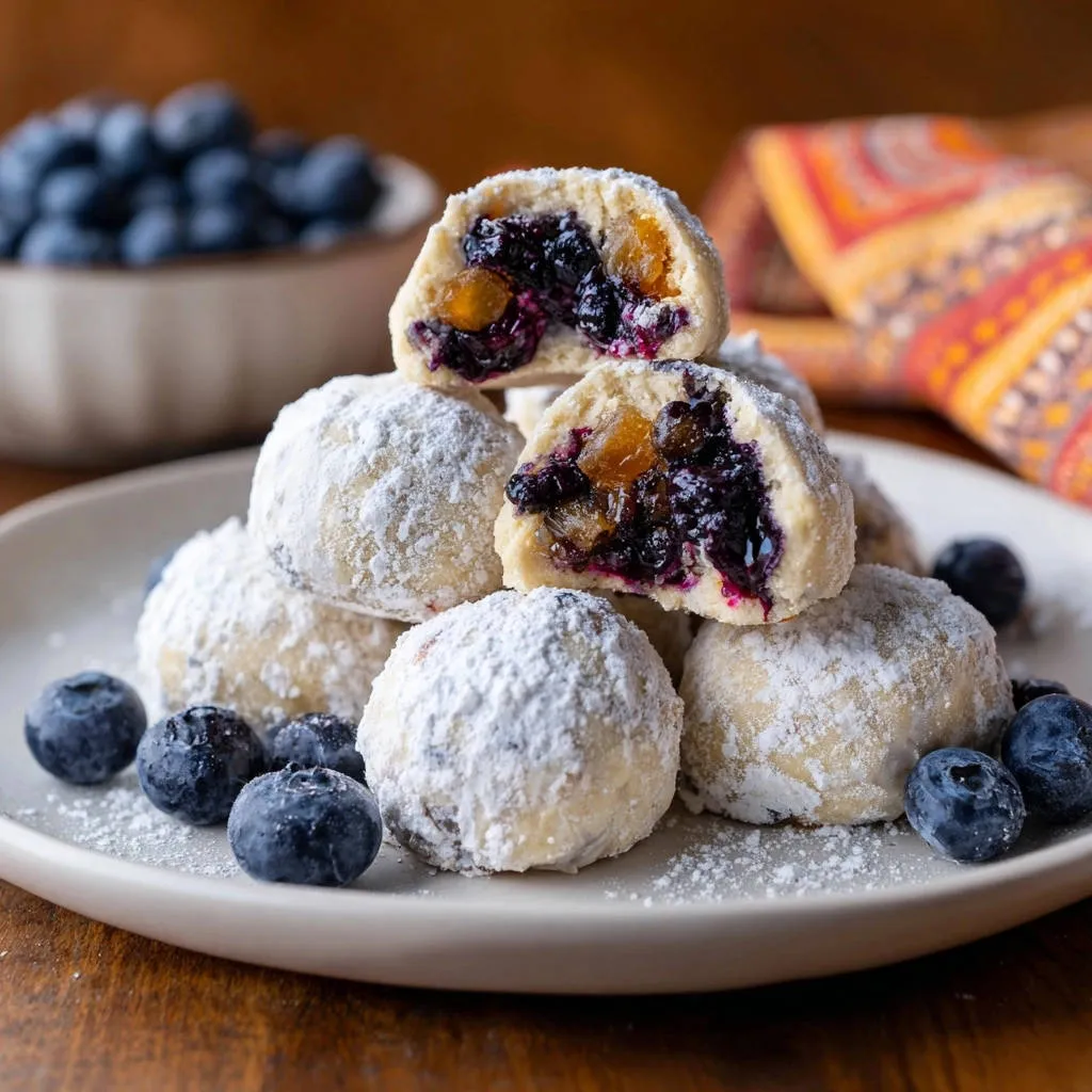 Fruit-filled snowball cookies cross-section showing a juicy blueberry and apricot filling inside a powdered cookie.