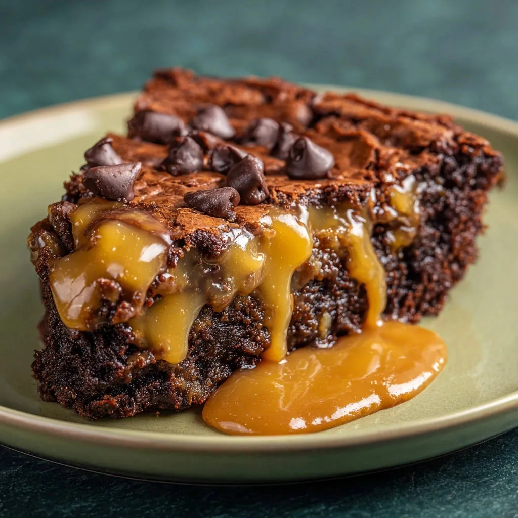 Fudgy caramel swirl brownie slice drizzled with molten caramel and topped with chocolate chips on a green plate.