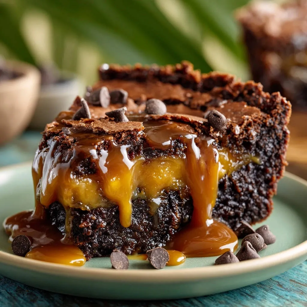 Fudgy caramel swirl brownies shown in a gooey cross-section, with rich caramel dripping over the rich chocolate cake.