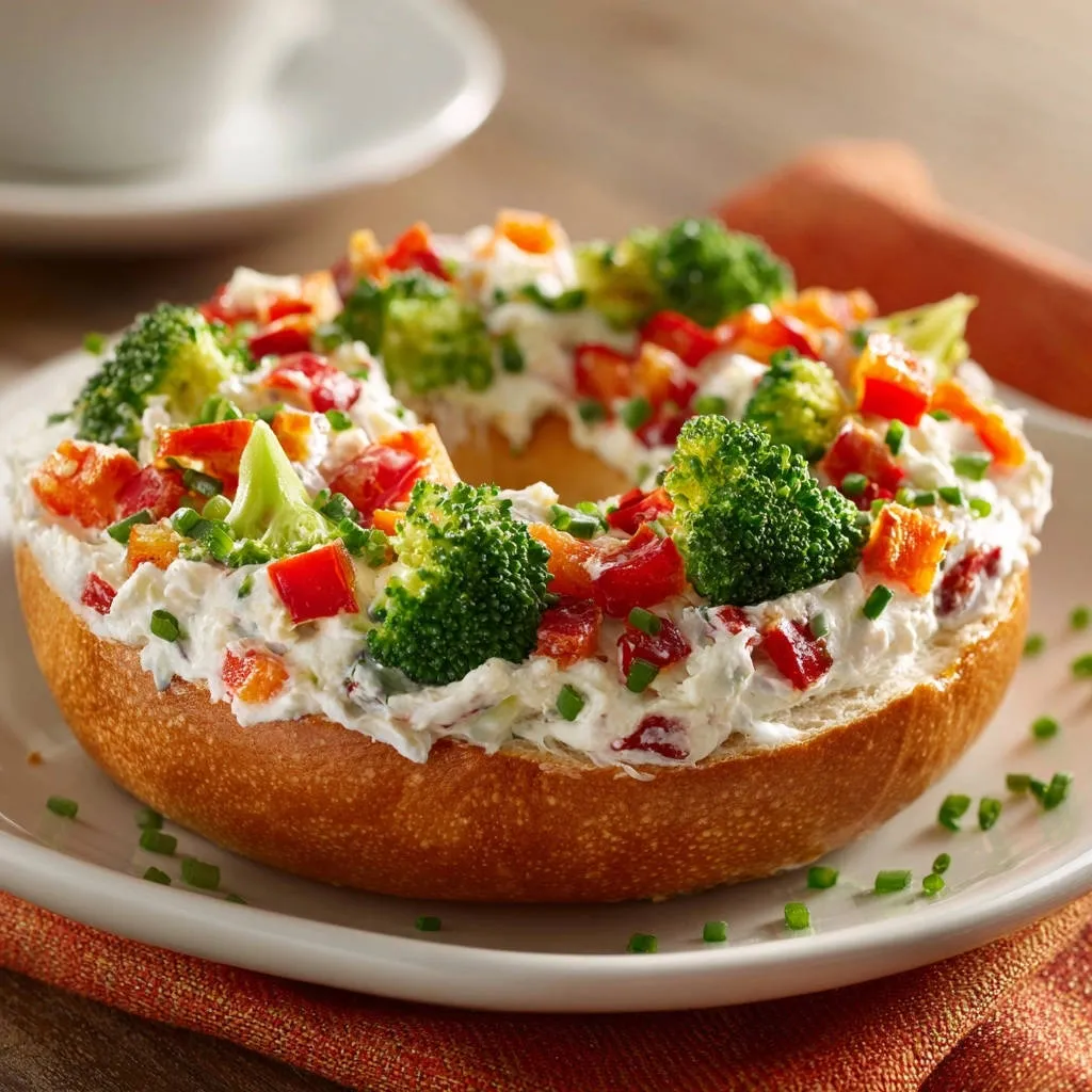 Garden fresh veggie cream cheese bagel with a close-up view of the colorful broccoli and red pepper topping.