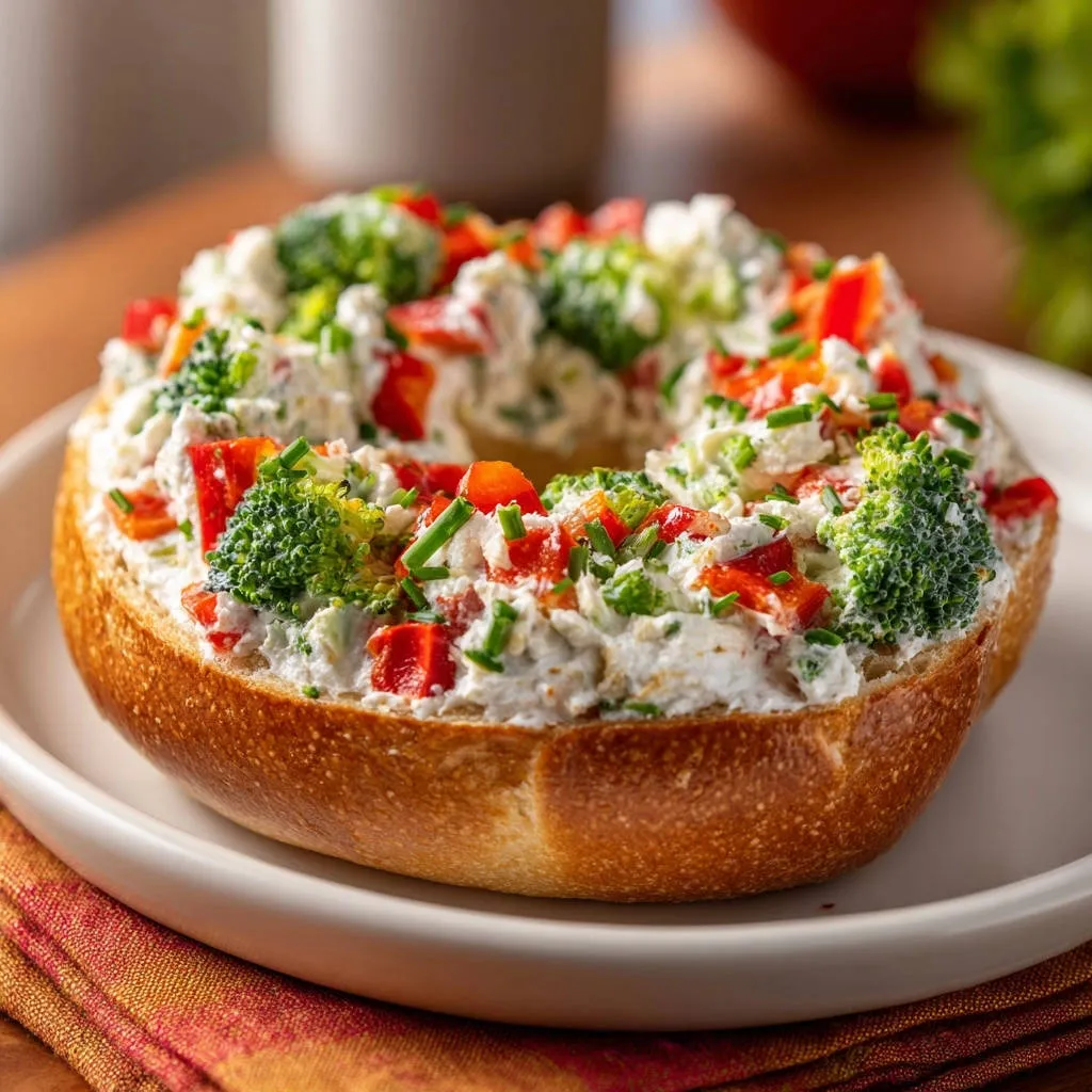 Garden fresh veggie cream cheese bagel with a close-up view of the creamy, chunky topping with visible broccoli and red pepper.