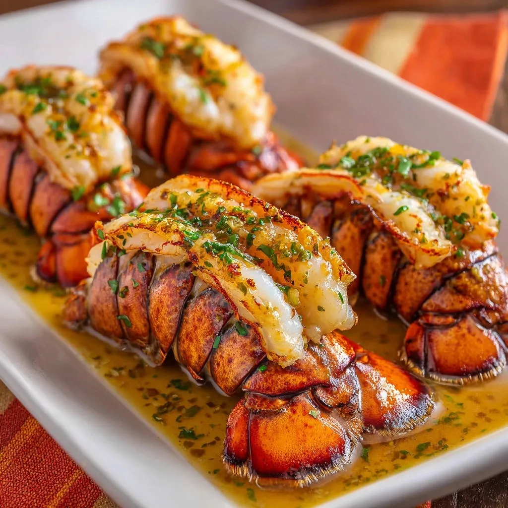 Garlic herb lobster tails broiled in butter sauce, presented in a white rectangular dish with chopped parsley garnish.
