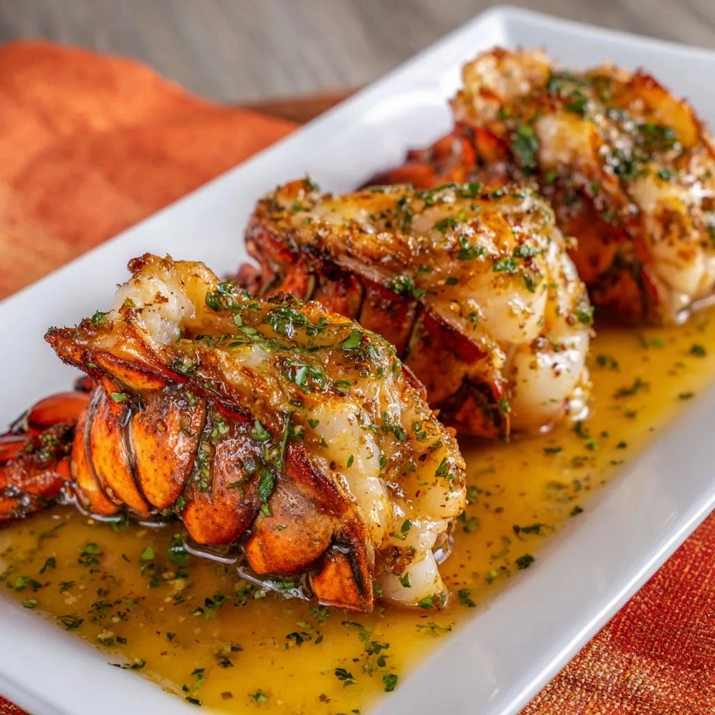 Garlic herb lobster tails served in a white dish with melted butter and chopped parsley, close-up side view.