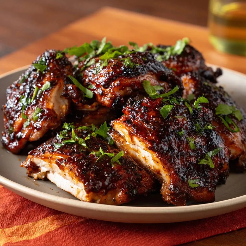Perfectly glazed chicken thighs shown in a close-up cross-section revealing the juicy interior and savory glaze.