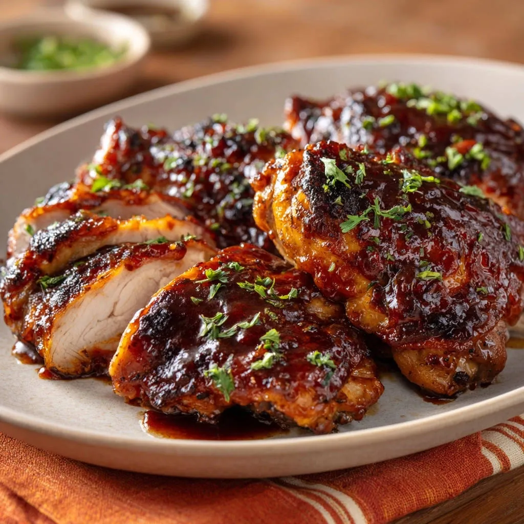 Glazed chicken thighs sliced to reveal a juicy cross-section, garnished with fresh parsley.