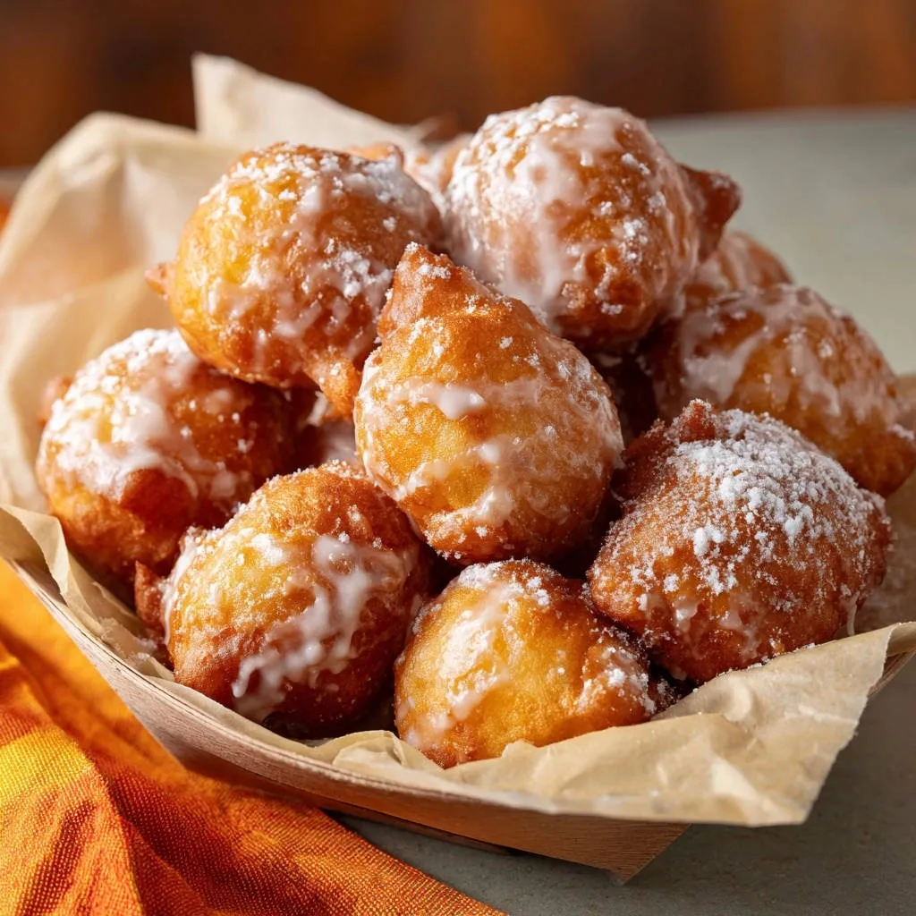 Classic glazed donut holes close-up, generously dusted with powdered sugar and drizzled with white icing.