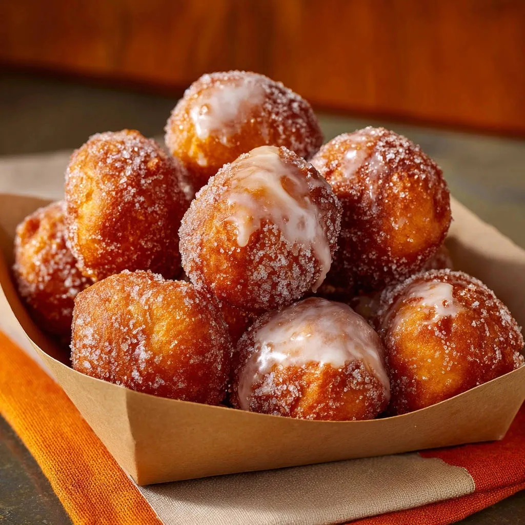 Classic glazed donut holes dusted in sugar, shown in a close-up view within a paper tray.
