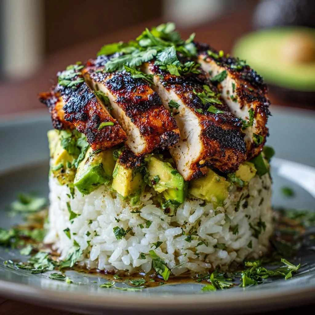 Glazed lime chicken bowls plated as a stacked dish with rice and avocado, showcasing a close-up view.