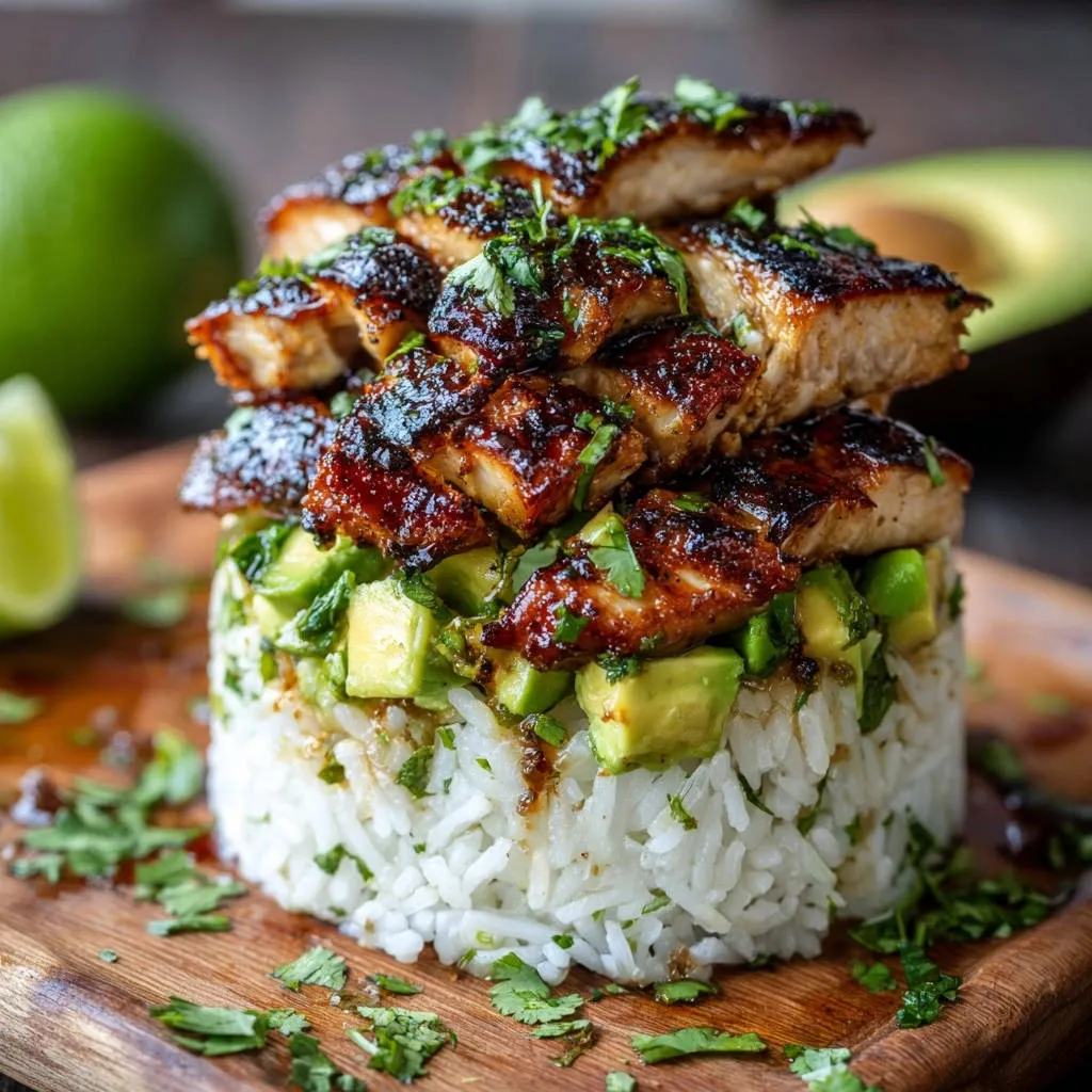 Glazed lime chicken bowls served stacked high on rice and avocado with cilantro garnish.
