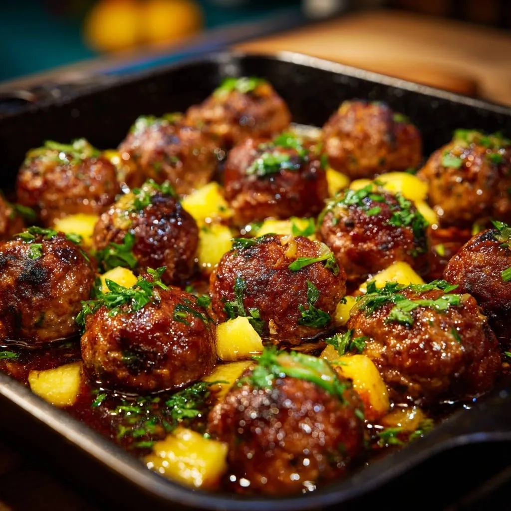 Glazed pineapple meatballs shown in a baking pan, glistening with sauce and garnished with chopped parsley.
