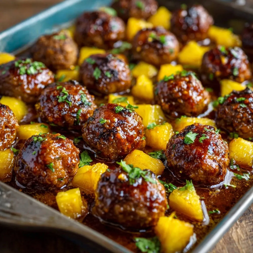 Glazed pineapple meatballs shown close-up on a baking sheet with glistening sauce and chopped pineapple.