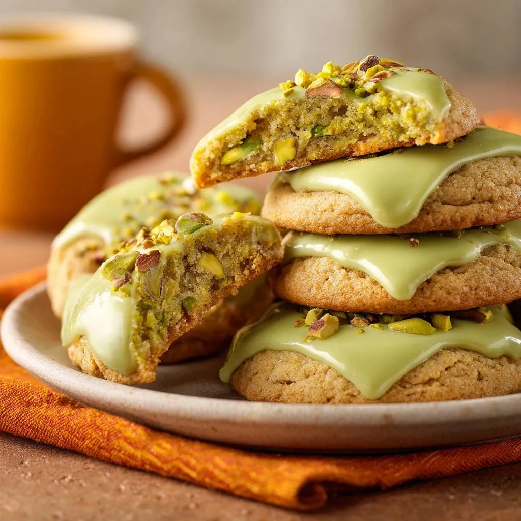 Glazed pistachio cookies cross-section detail showing soft cookie interior with chopped pistachios and green glaze.