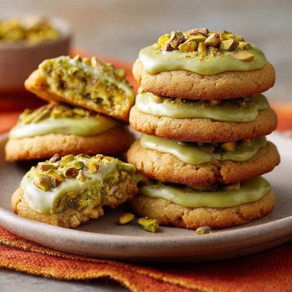 Glazed pistachio cookies stacked high, with one cookie in the foreground showing a detailed cross-section of its tender interior.