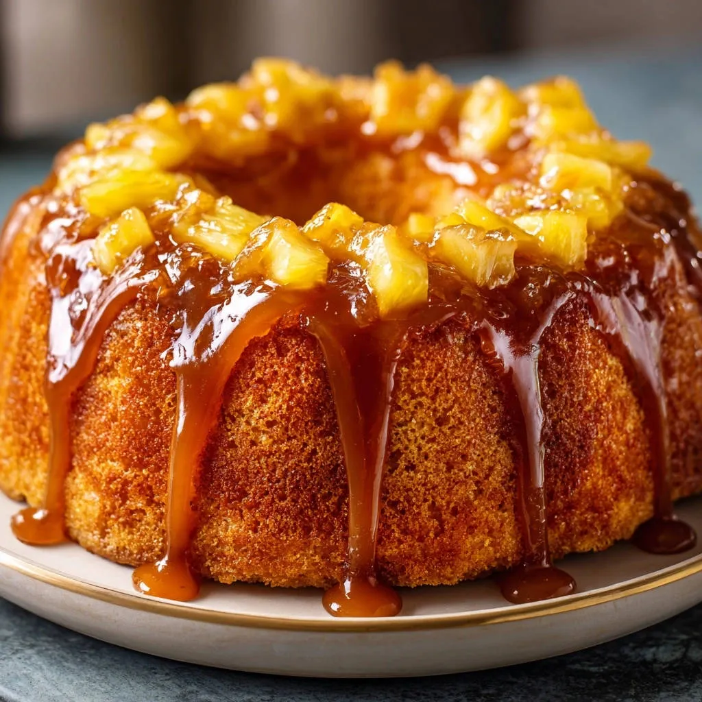 Golden caramel bundt cake generously drizzled with glossy caramel sauce and topped with pineapple pieces.