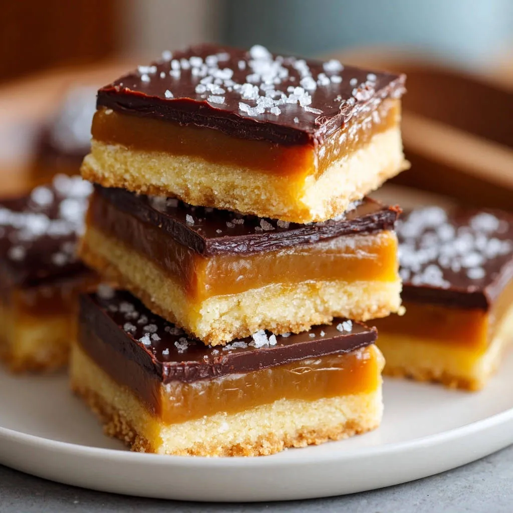 Golden caramel shortbread bars stacked, showcasing their distinct shortbread, caramel, and chocolate layers with a sprinkle of sea salt.