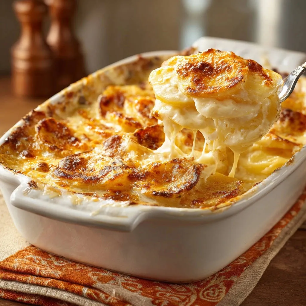 Golden garlic potato gratin, a creamy slice being lifted from the dish, showing strings of melted cheese.