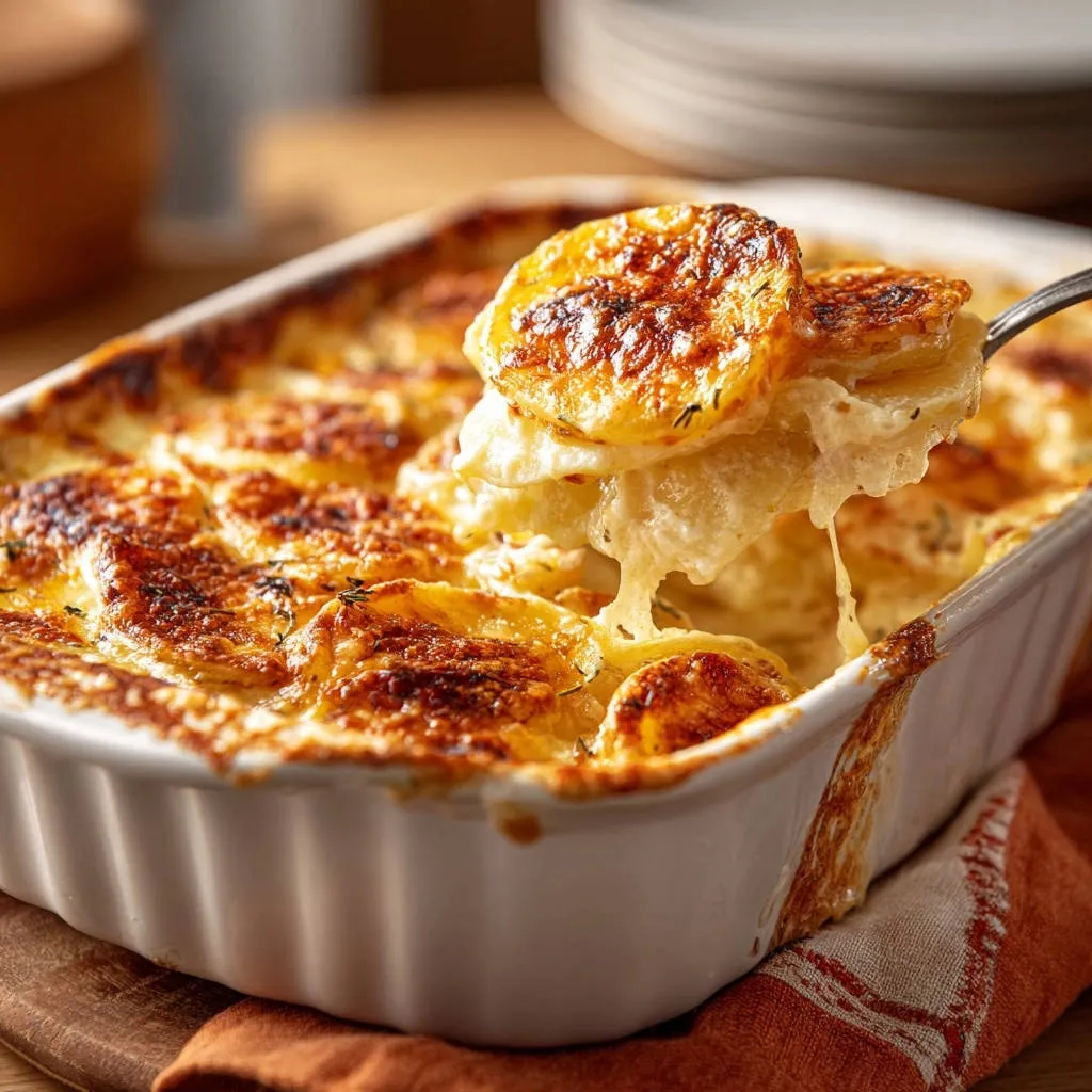 Golden garlic potato gratin, with a spoonful lifting to show creamy cheese pull and golden-brown potato slices.