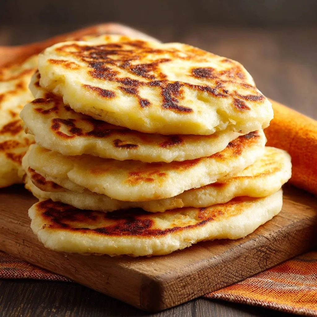 Golden potato fritters stacked high on a wooden cutting board, showcasing their golden-brown, slightly charred surface.