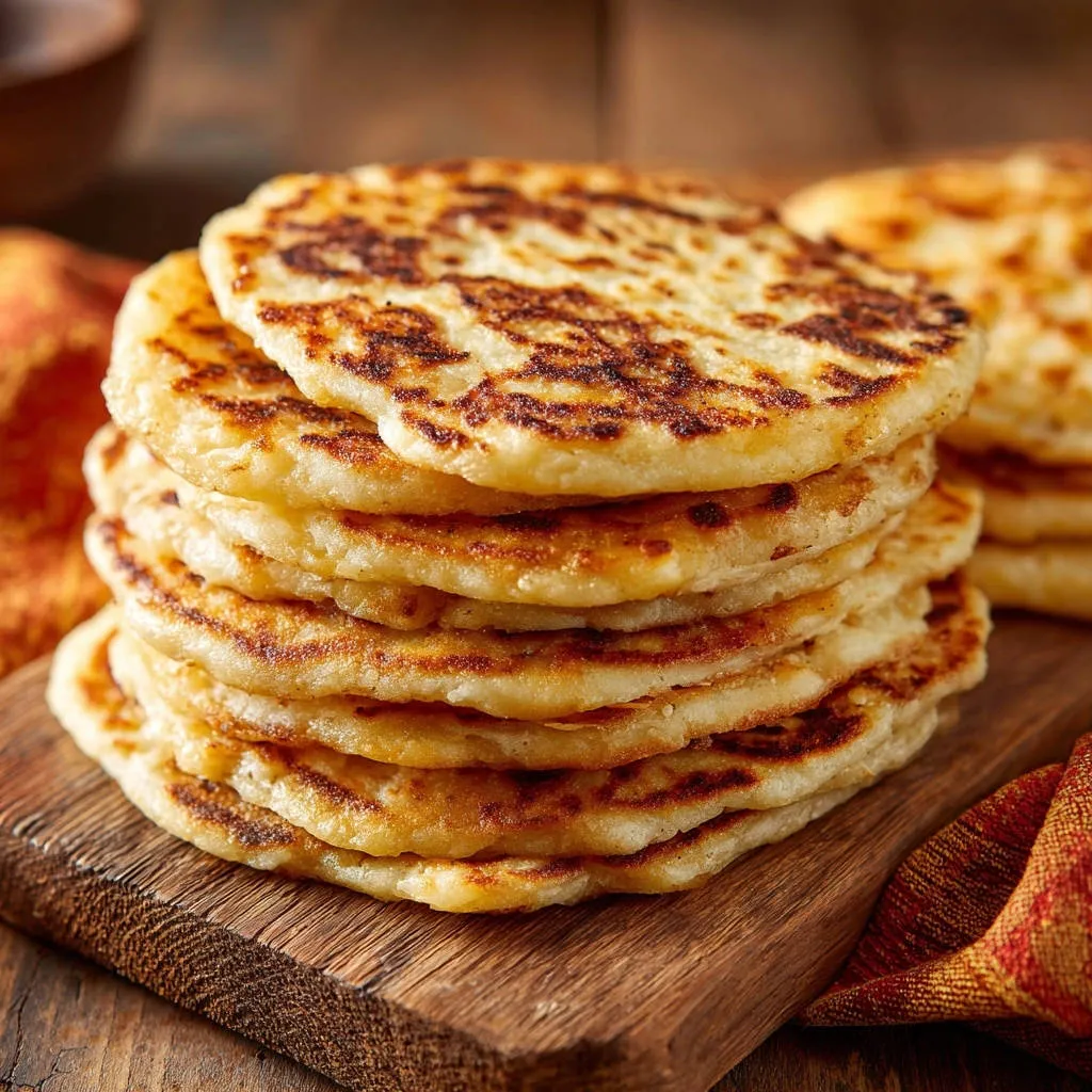 Golden potato fritters stacked high on a wooden board, showcasing their golden-brown, slightly browned surface.