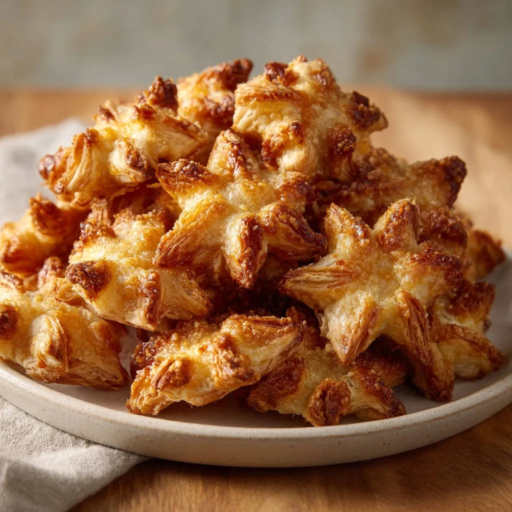 Golden star puff pastries piled high on a white plate, showcasing their golden-brown, flaky texture.