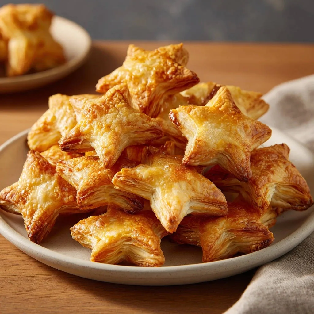 Golden star puff pastries piled high on a white plate, showcasing their flaky layers and golden-brown tops.