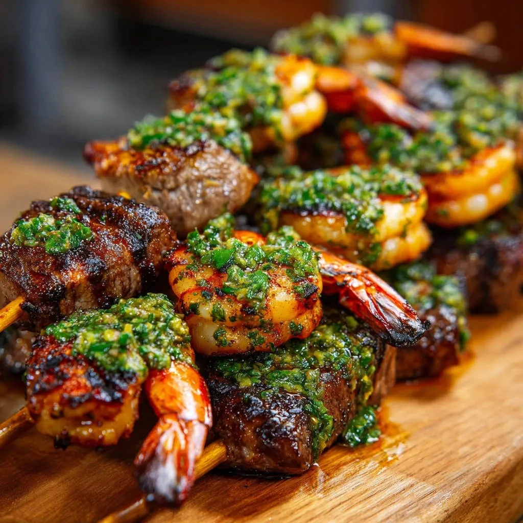 Grilled beef and shrimp skewers with vibrant herb sauce, showcasing a close-up detail of the glistening sauce on the tender meat and shrimp.