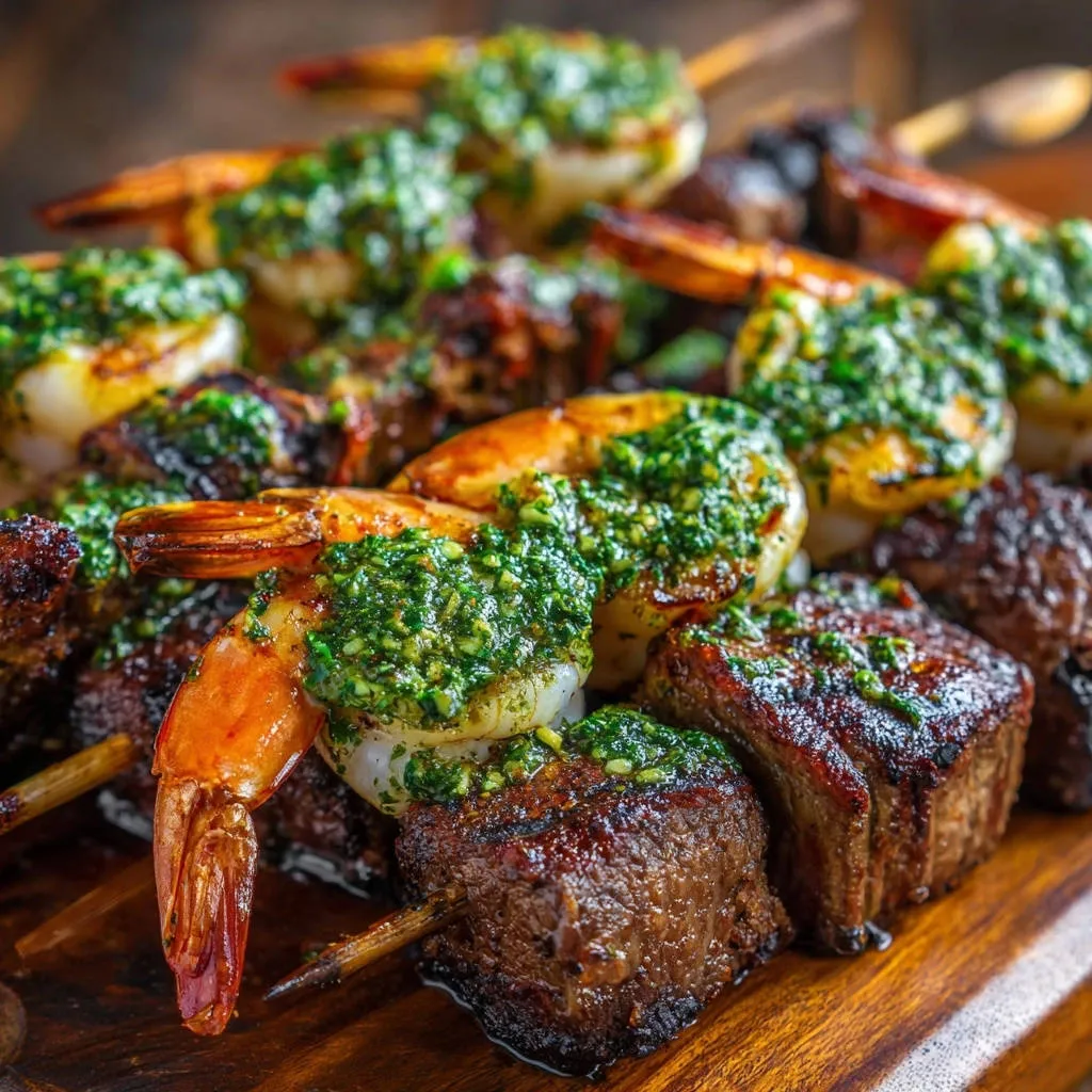 Grilled beef and shrimp skewers with vibrant herb sauce, shown in a close-up detail shot highlighting the glistening texture.