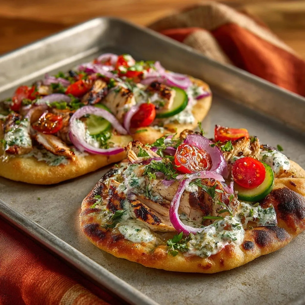 Grilled chicken flatbreads are artfully arranged on a baking tray, showcasing vibrant toppings and creamy sauce.