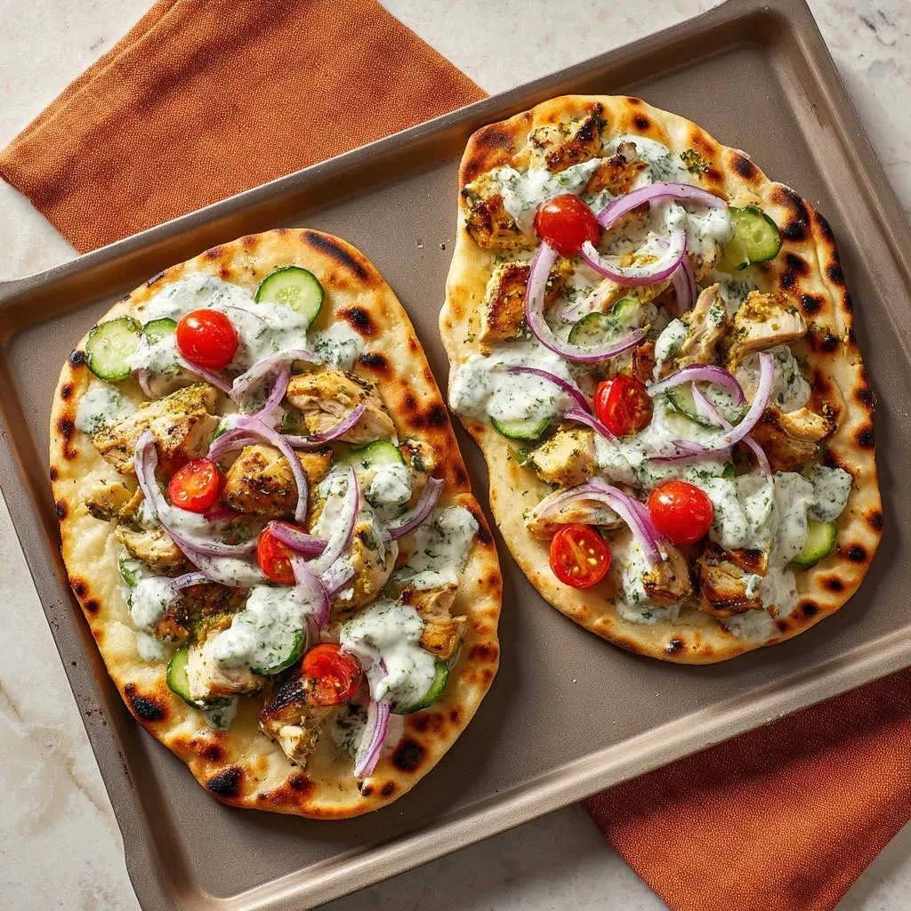Grilled chicken flatbreads topped with cucumber, cherry tomatoes, red onion, and creamy yogurt sauce on a baking sheet.