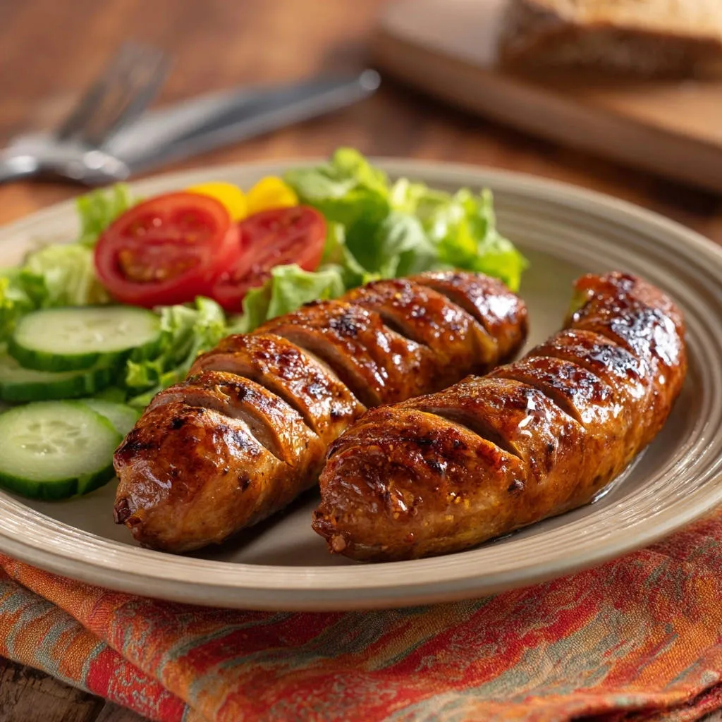 Grilled sausages plated with a fresh side salad of lettuce, tomatoes, and cucumbers.