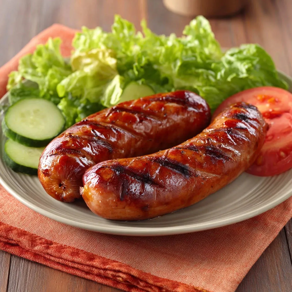 Grilled sausages plated with fresh lettuce, cucumber, and tomato, showcasing a juicy and flavorful presentation.