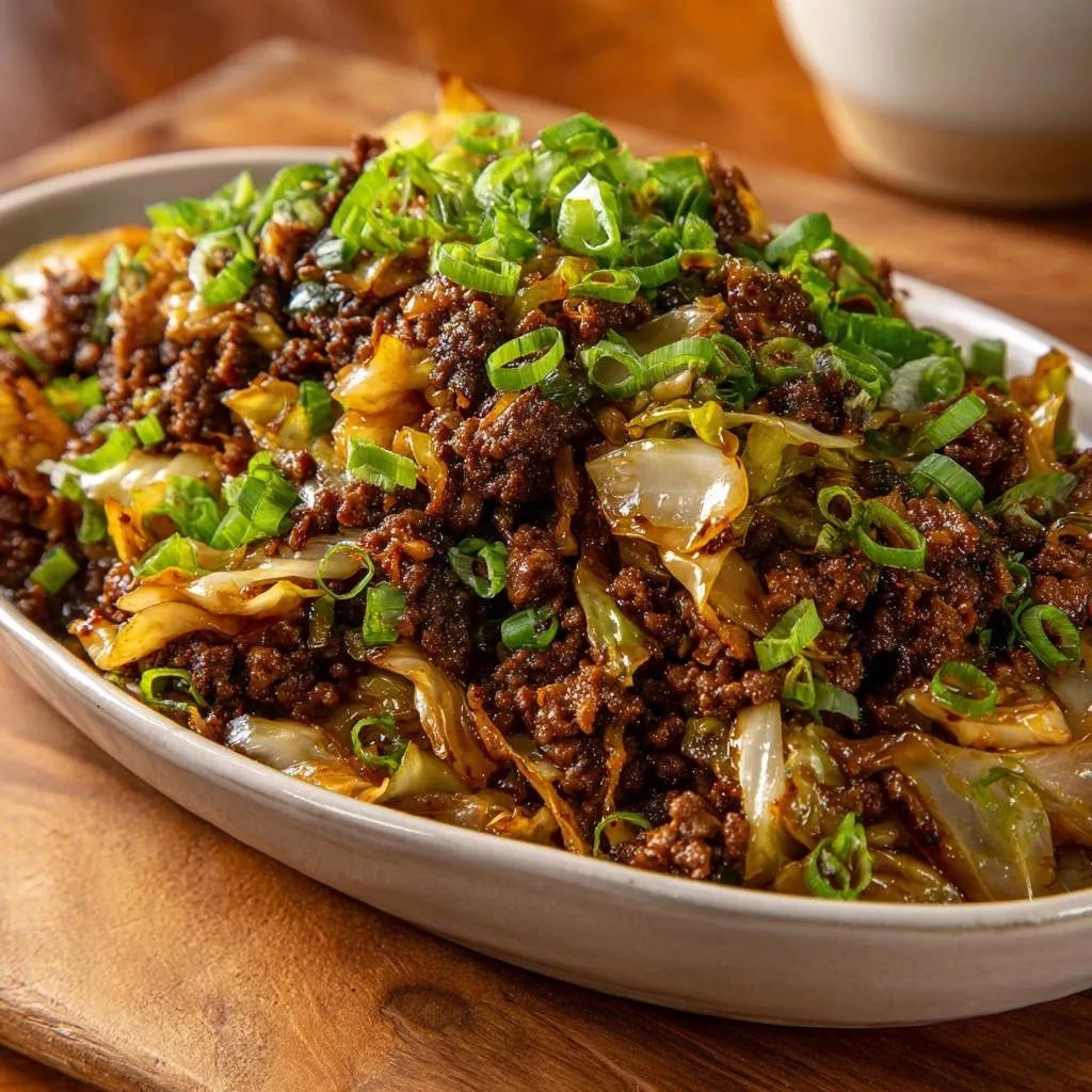 Hearty ground meat & cabbage skillet with a generous topping of chopped green onions.