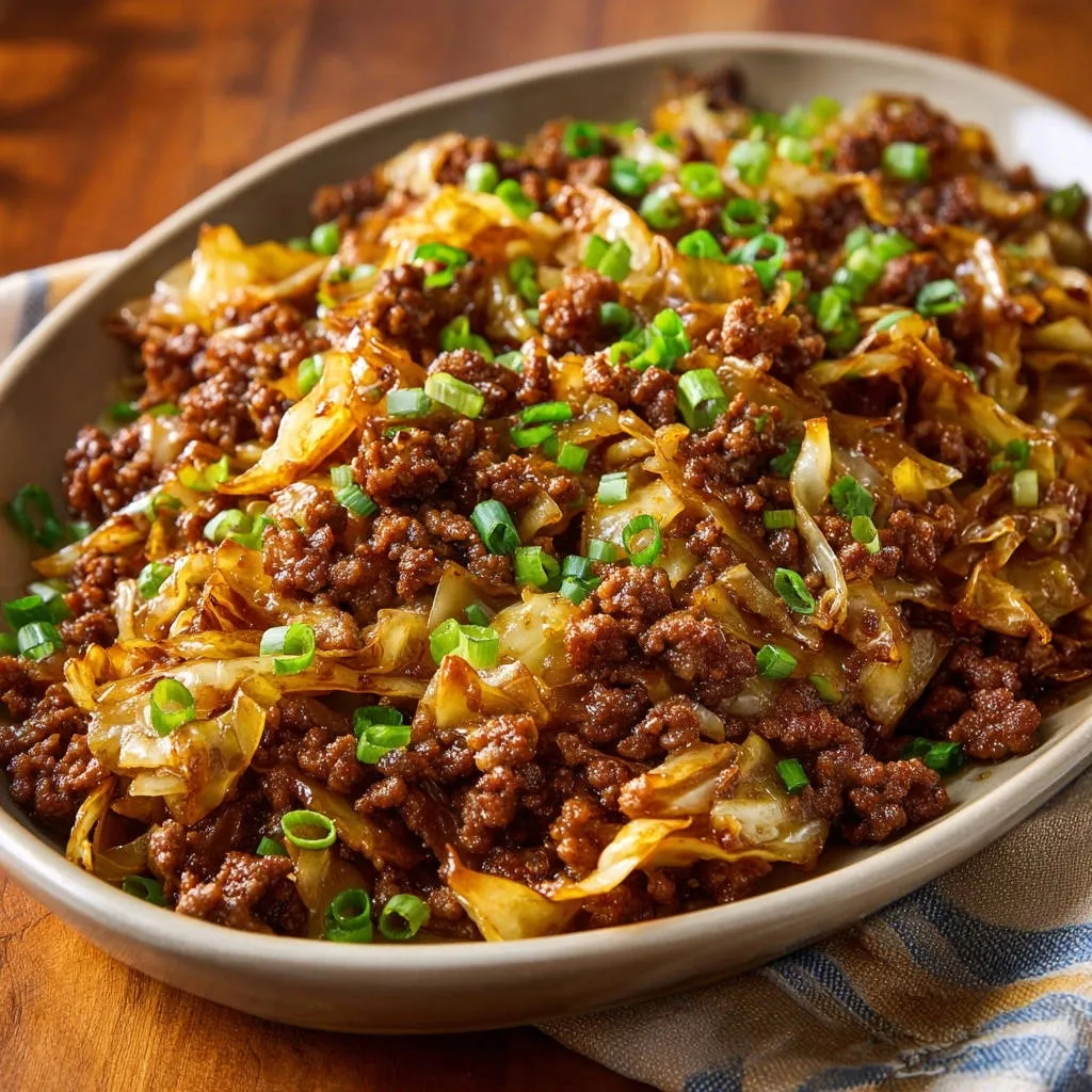 Hearty ground meat and cabbage skillet garnished with chopped green onions, shown in a close-up view.