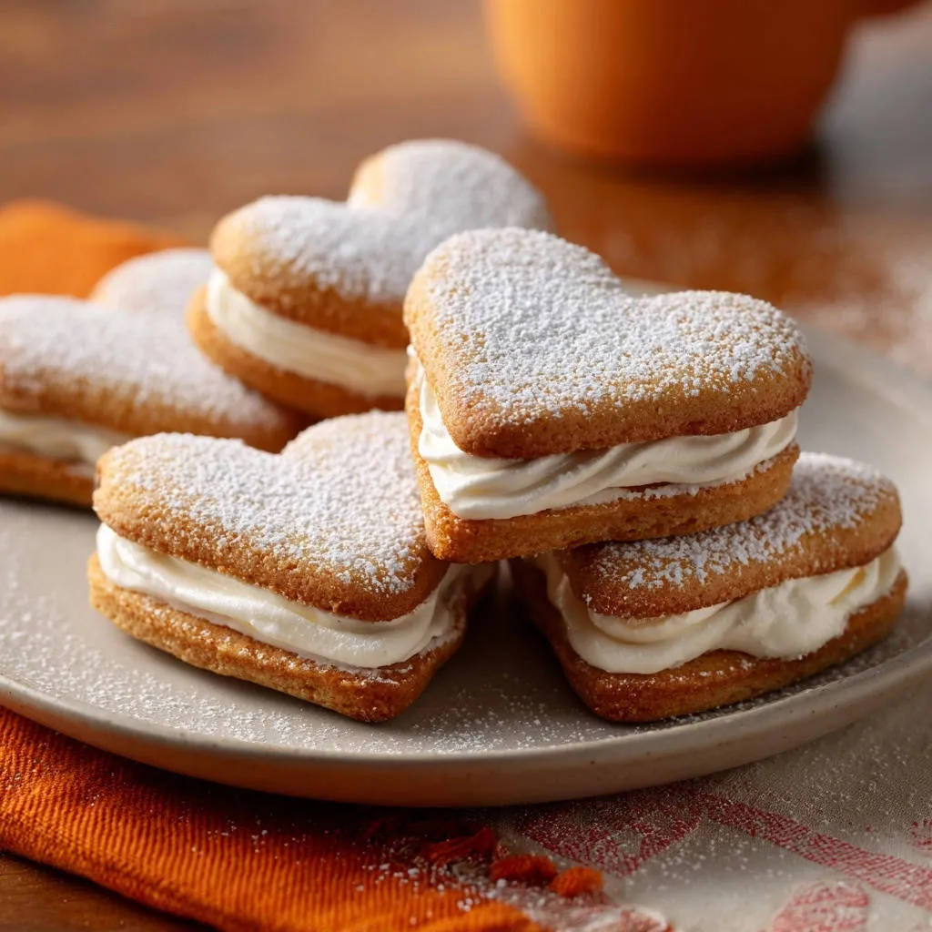 Heart-shaped cream sandwich cookies are stacked on a plate, dusted with powdered sugar, showcasing their creamy filling.