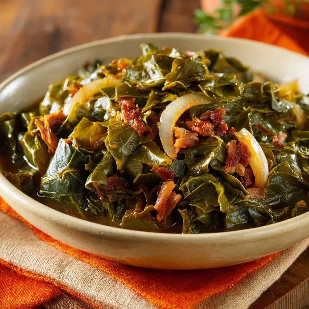 Hearty braised greens with shredded meat served in a close-up bowl with onions and bacon.