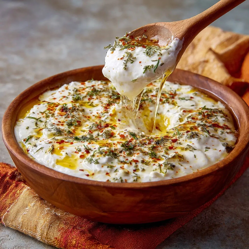 Skillet herb and chili melted cheese dip with a spoonful being lifted, showing a drizzle of oil and herbs.