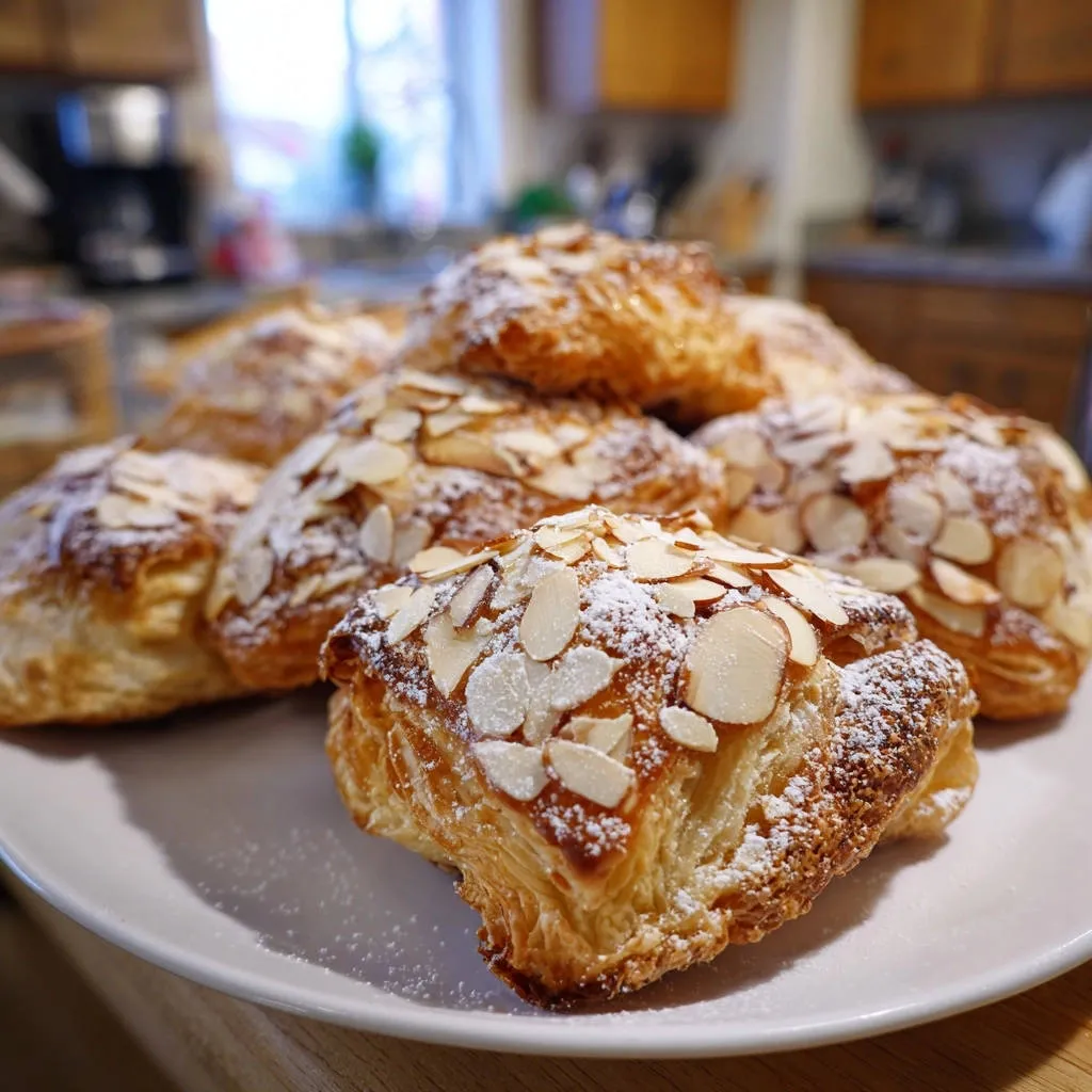 Homemade almond pastries topped with sliced almonds and powdered sugar, showcasing their flaky layers.